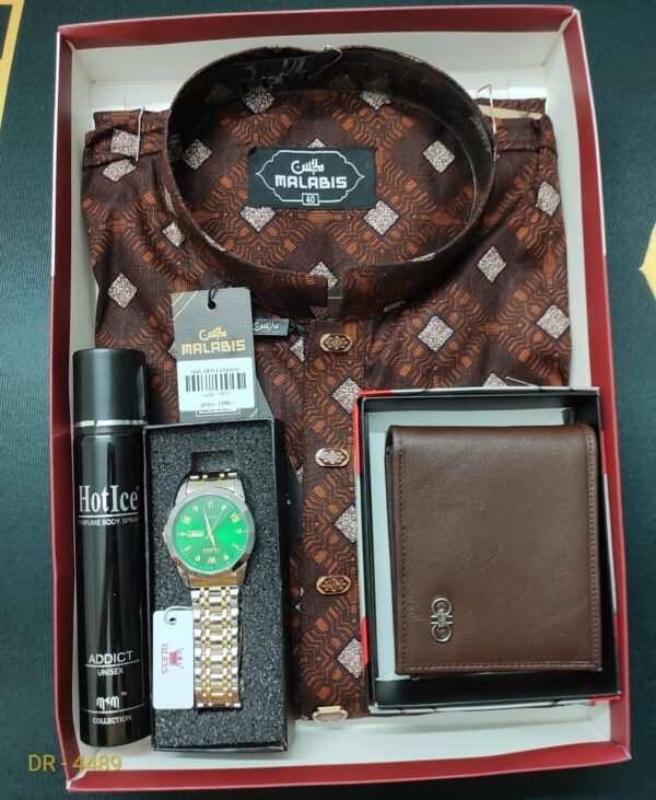 "Printed Panjabi + Wallet + Olevs Watch + Perfume Combo Pack - Stylish Gift Set"