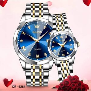 OLEVS Stainless Steel Couple Watches – Silver Blue, Luxury Quartz