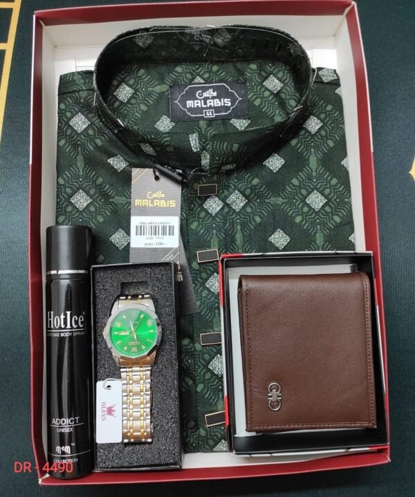 Printed Panjabi + Wallet + Olevs Watch + Perfume Cpmbo Pack | Best Gift Set